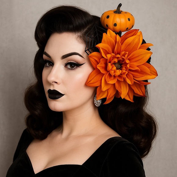 Handmade Other - Handmade Halloween Pumpkin & Spiderweb Hair Clip Orange‎ Black Flower Pinup